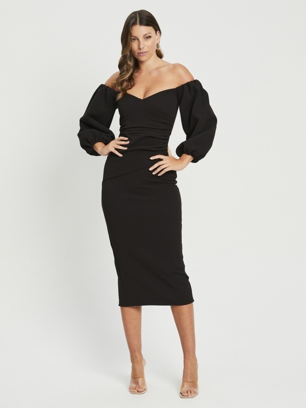 BWLDR Jessamy Black Puff-Sleeve Midi Dress